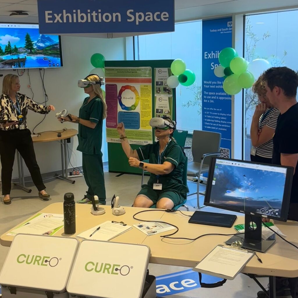 Physiotherapist Phillipa Newton-Cross, demonstrating the immersive VR therapy