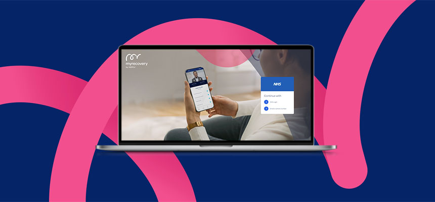 Laptop with screen showing a person looking at the myrecovery app on their smartphone