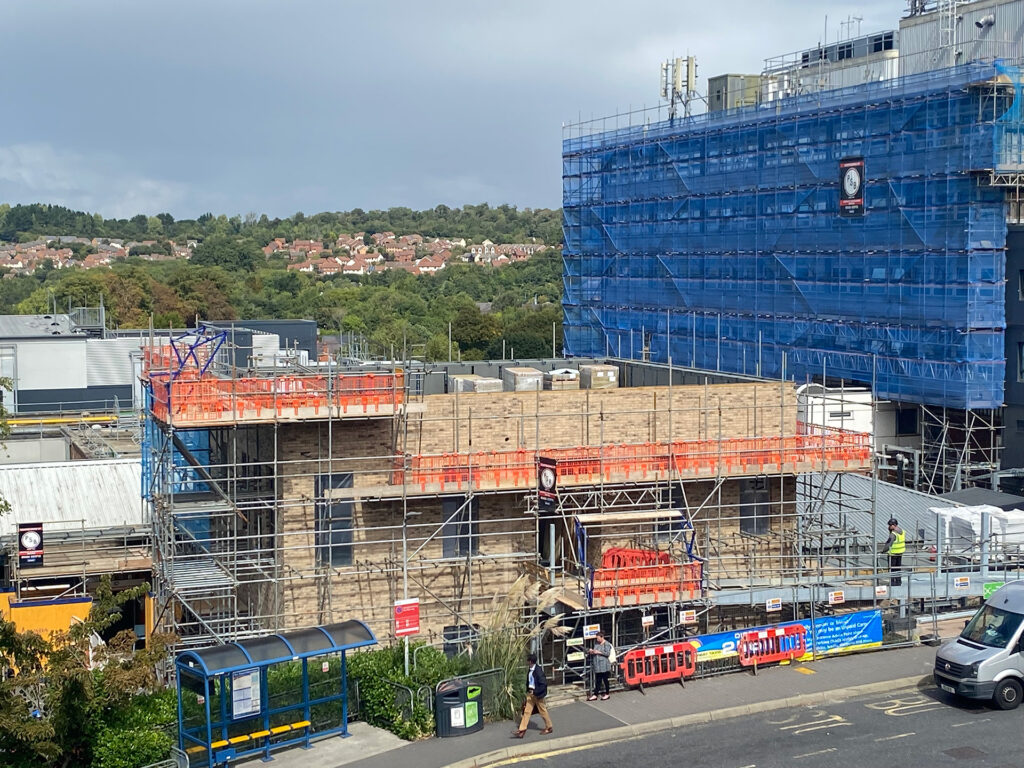 Redevelopment of Torbay Hospital's Emergency Department, featuring the completed external brickwork