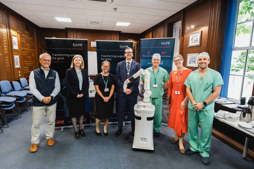 Representatives from CMR Surgical introducing the first Versius Plus to colleagues from the colorectal and upper GI surgical team at Torbay Hospital to