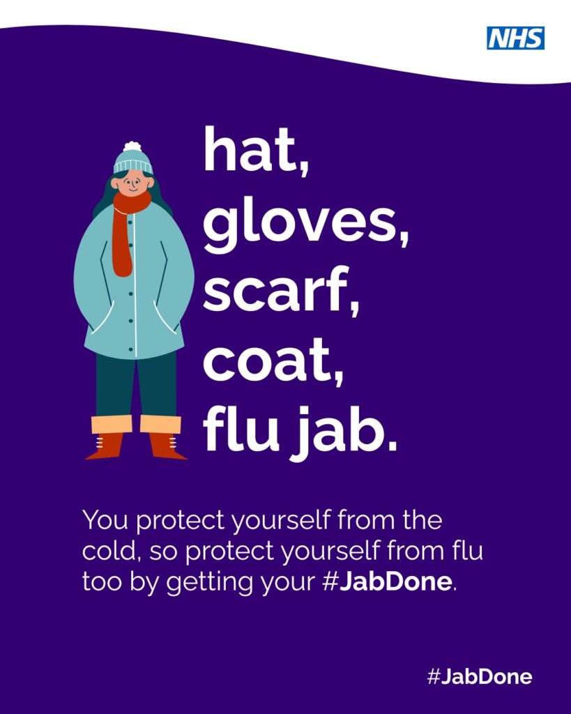 Protect yourself from the flu by getting your jab graphic featuring an illustration of the person wearing a hat, gloves, scarf and coat who has had the flu jab