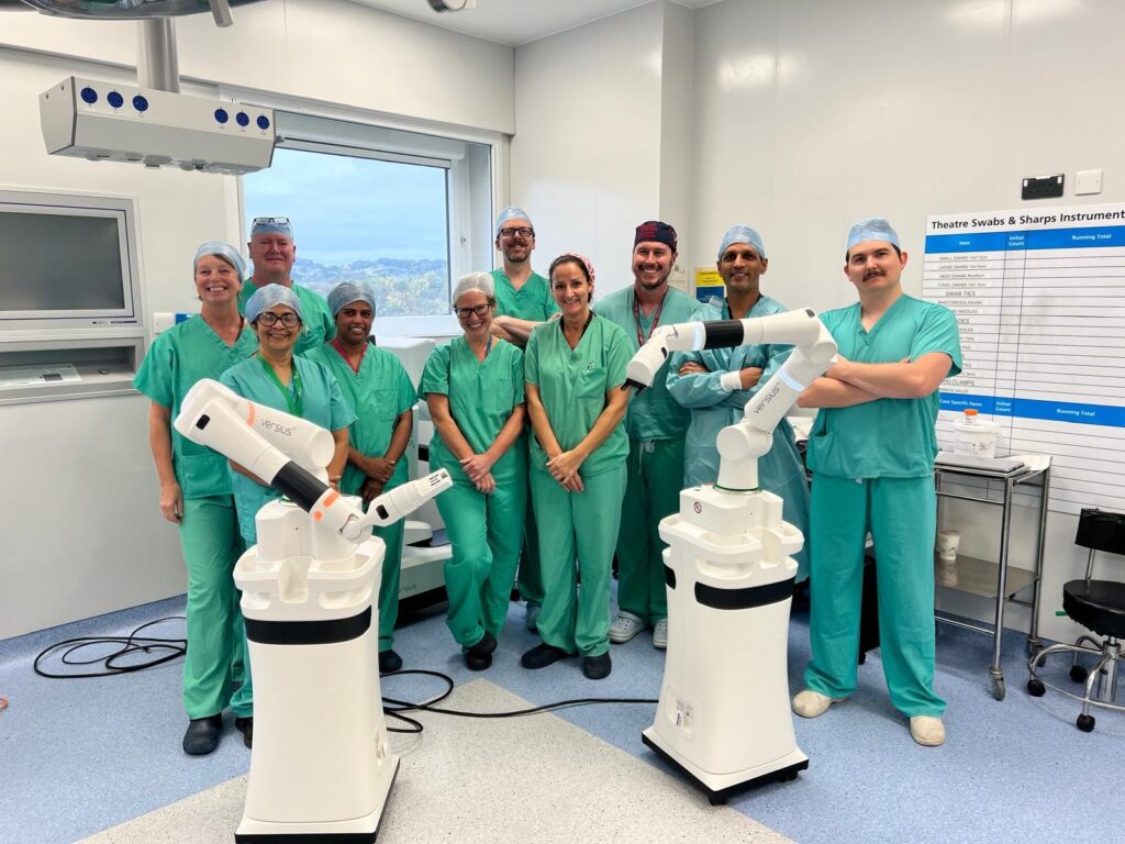 The colorectal surgical team with our new robotic surgeon, Versius Plus