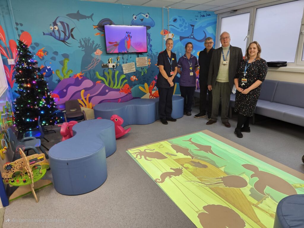 Members from Torbay Hospital's League of Friends with colleagues from the Emergency Department, with our new Magic Carpet interactive, sensory projection system for children
