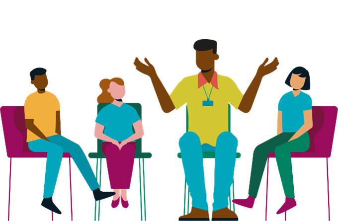 Line art graphic of adult and young people sat with each other having a chat