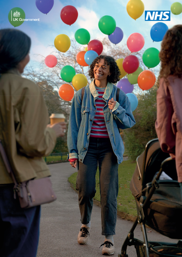 Person with balloons walking towards a person with a pram and another holding a cup of coffee