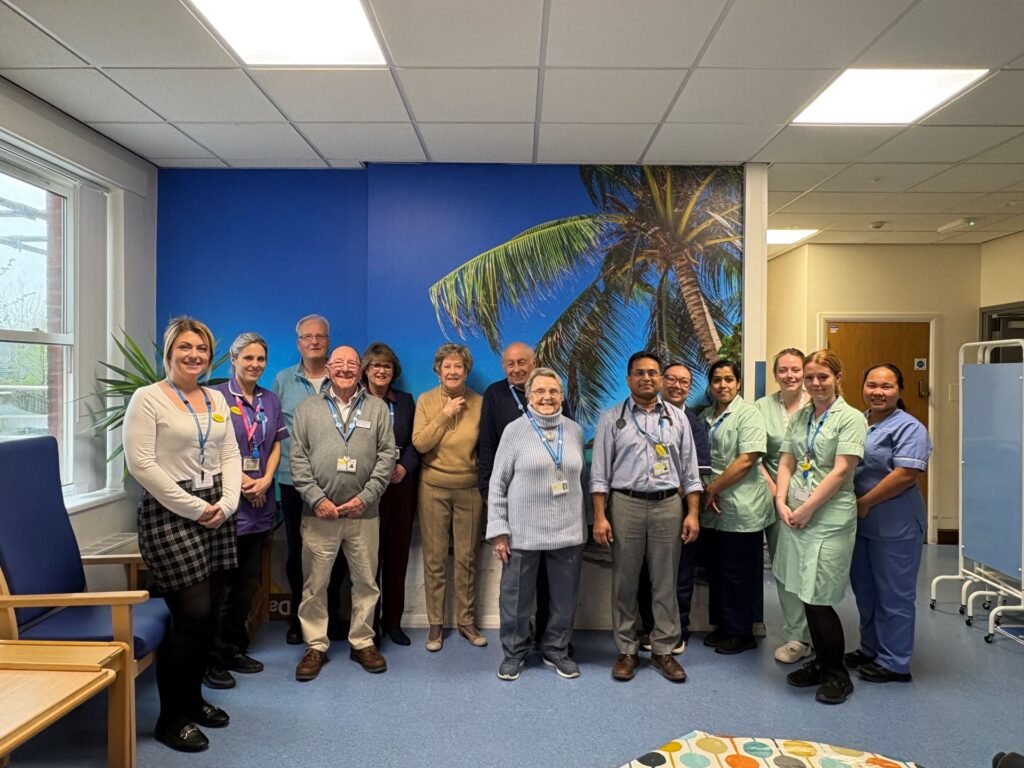 Members of Torbay Hospital's League of Friends, with staff from Cheetham Hill, and George Earle wards standing in front of one of the vinyl wall art
