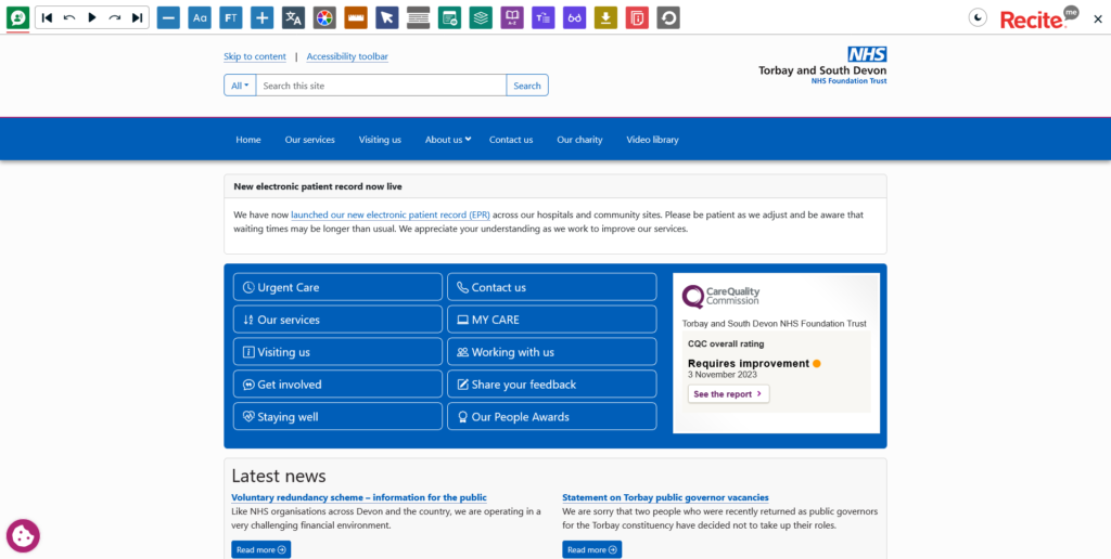Screen shot of Torbay and South Devon NHS Foundation Trust's home page with the Recite Me accessibility toolbar enabled