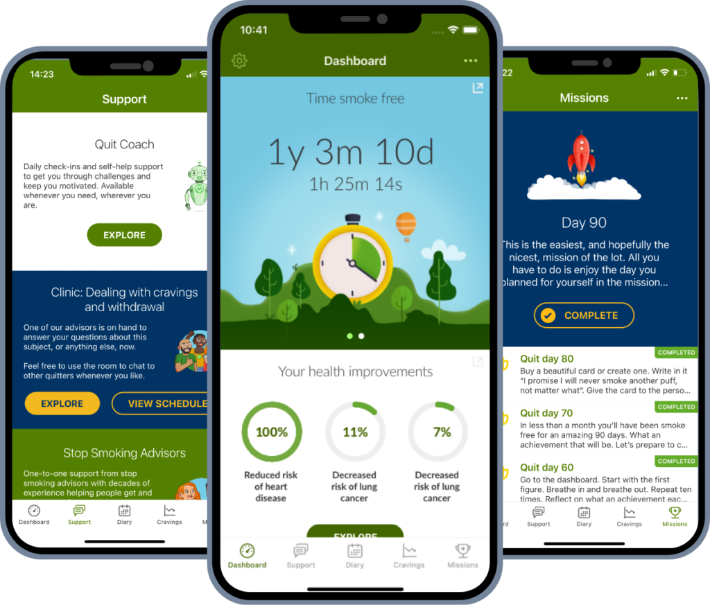 Three phones displaying different screen shots from the Some Free app