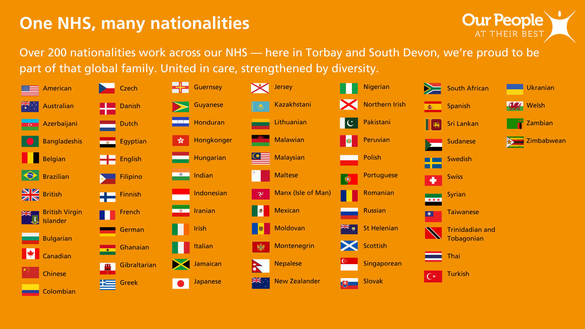 One NHS, many nationalities poster. Featuring the flags of the many nationalities working across Torbay and South Devon