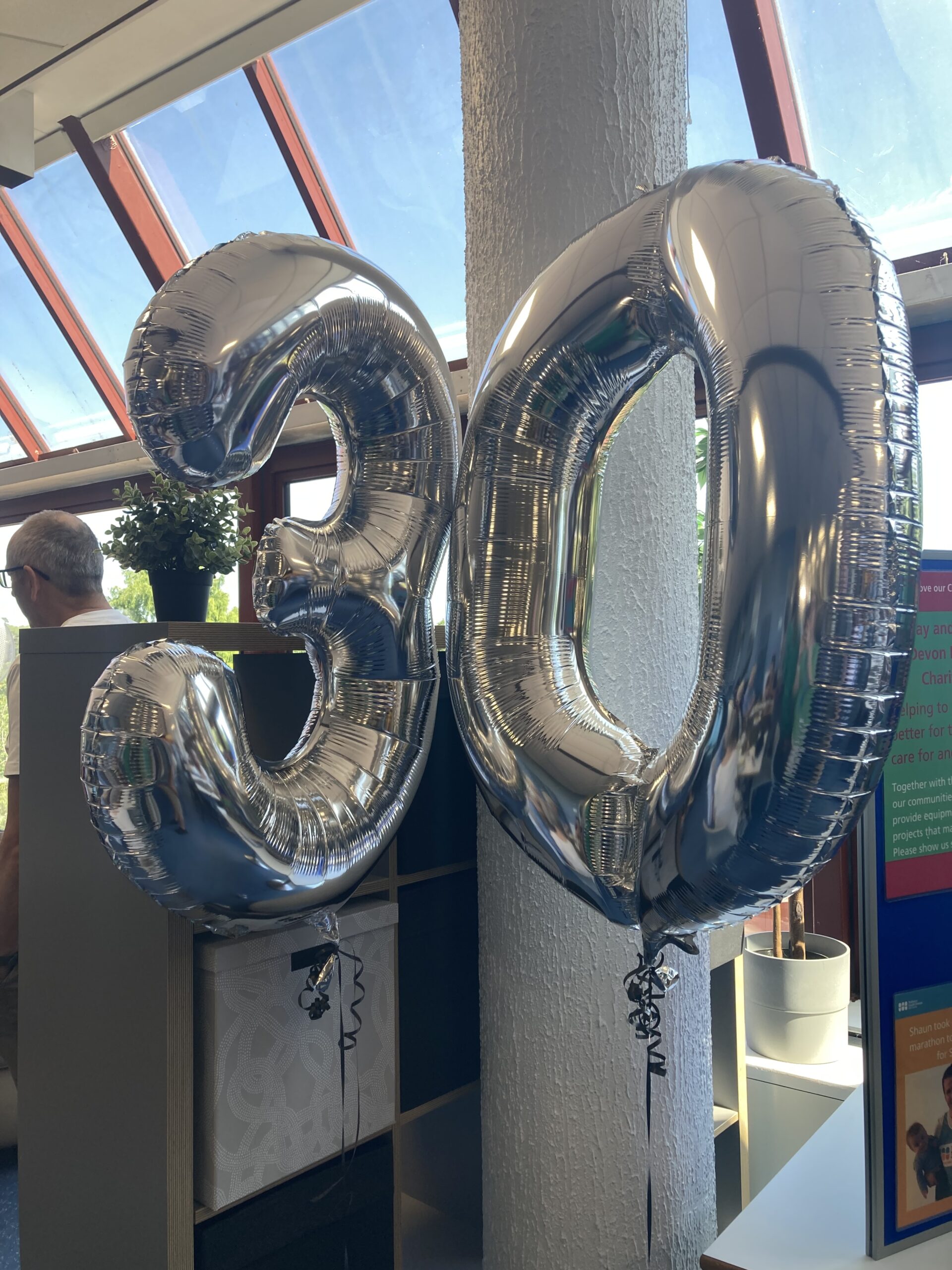 Silver 30th balloons floating in Torbay Hospital's Bayview Restaurant