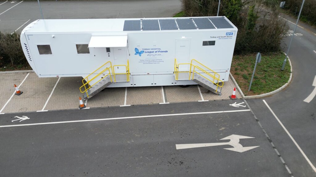 Aerial view of our mobile breast screening unit, currently in Totnes