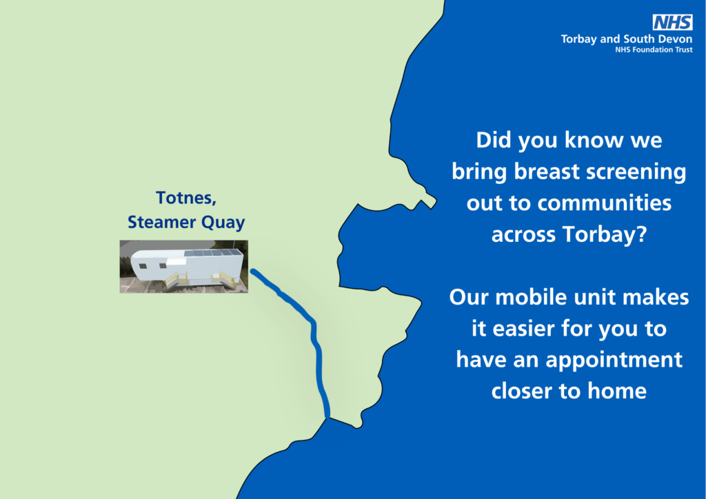 Torbay and South Devon NHS graphic: Information on mobile breast screening units bringing appointments closer to home, highlighted at Totnes, Steamer Quay.