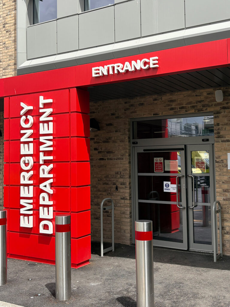 Exterior of the Emergency Department's entrance at Torbay Hospital