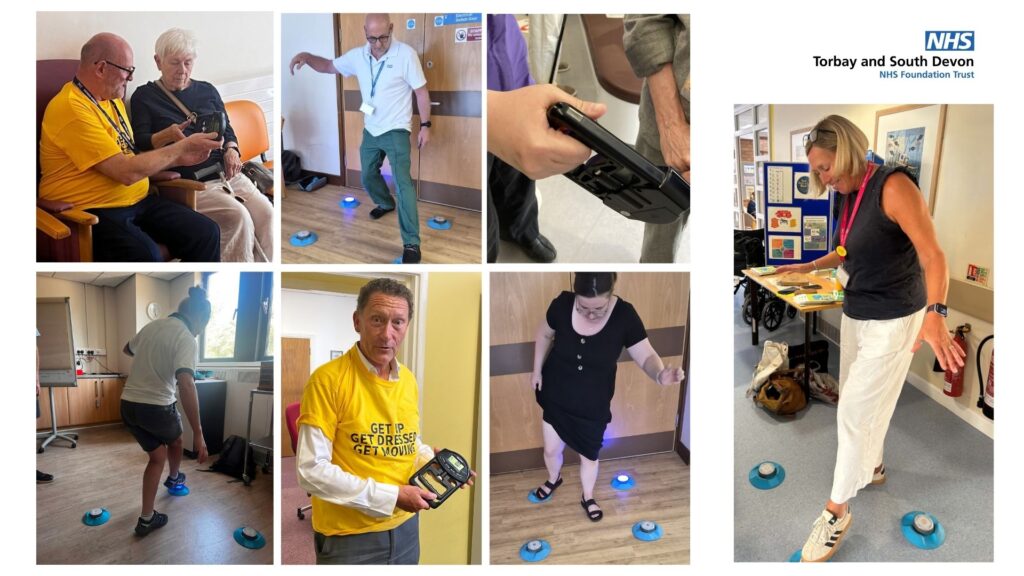 Photo collage showing NHS staff and patients participating in balance and grip-strength challenges during Get Up, Get Dressed, Get Moving Week.