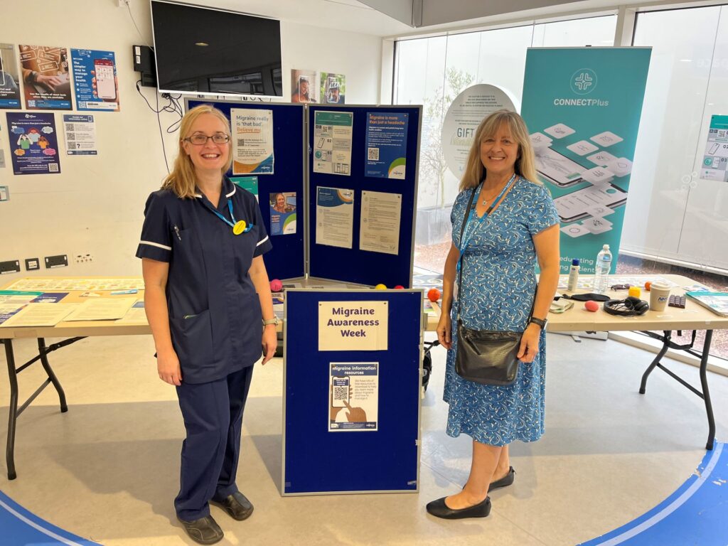 Leonie Poulian, Clinical Nurse Specialist and Dr Kathryn Medcalf at the Migraine Awareness Week stand in Torbay Hospital's exhibition space