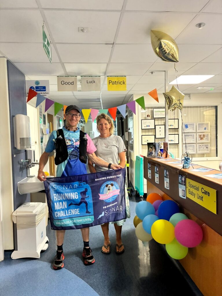 Patrick Turton stopping at Torbay Hospital’s Special Care Baby Unit (SCBU), one of the many services supported by SoNAR.
