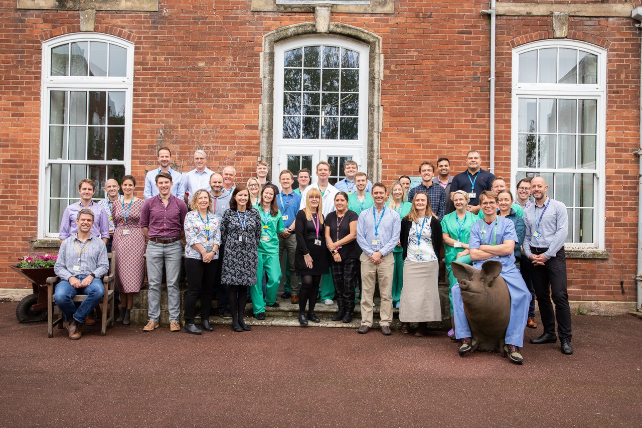 A group of people from the Anaesthetics team outside at Torbay Hospital