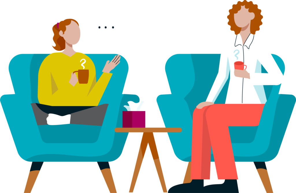 Flat vector graphic showing two people sitting opposite each other in large teal armchairs, each holding a steaming hot drink. One person is cross-legged in a yellow jumper, gesturing while speaking, while a box of tissues rests on a small wooden side table between them.