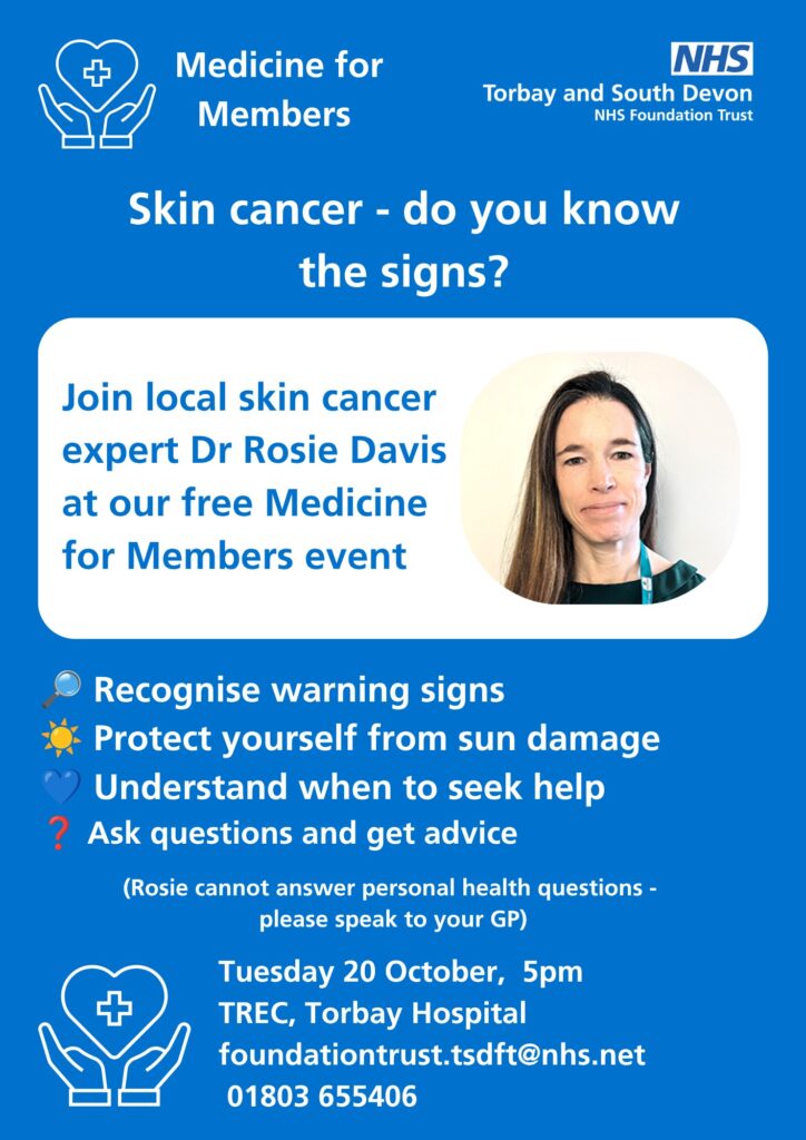 Promotional poster for a free NHS Medicine for Members event titled "Skin cancer - do you know the signs?" Featuring a headshot of local skin cancer expert Dr Rosie Davis, the poster outlines key session topics including recognising warning signs, sun protection, knowing when to seek help, and an Q&A opportunity.